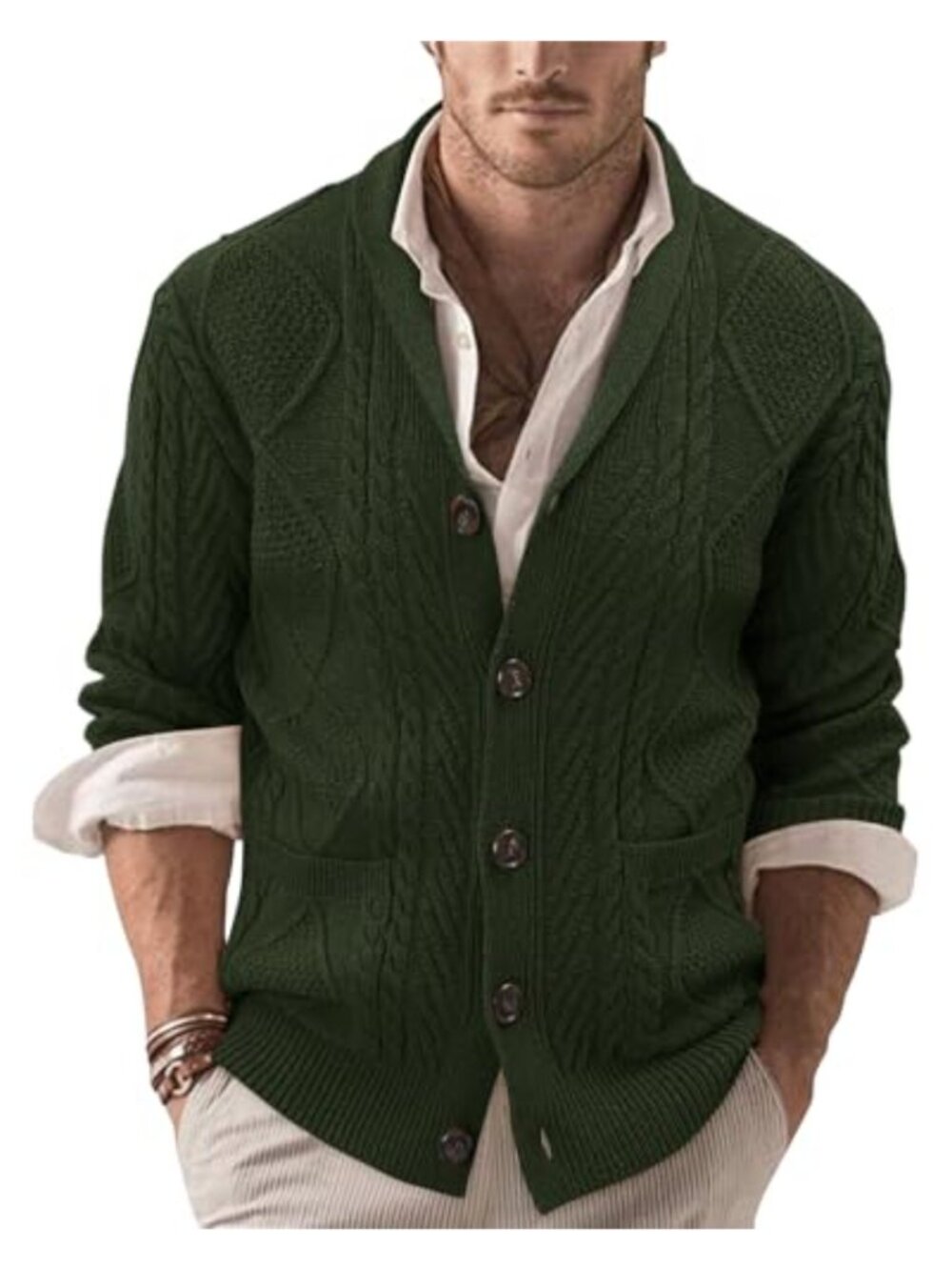 Men's Shawl Collar Button Down Cable Knit Cardigan Sweater Vintage Long Sleeve